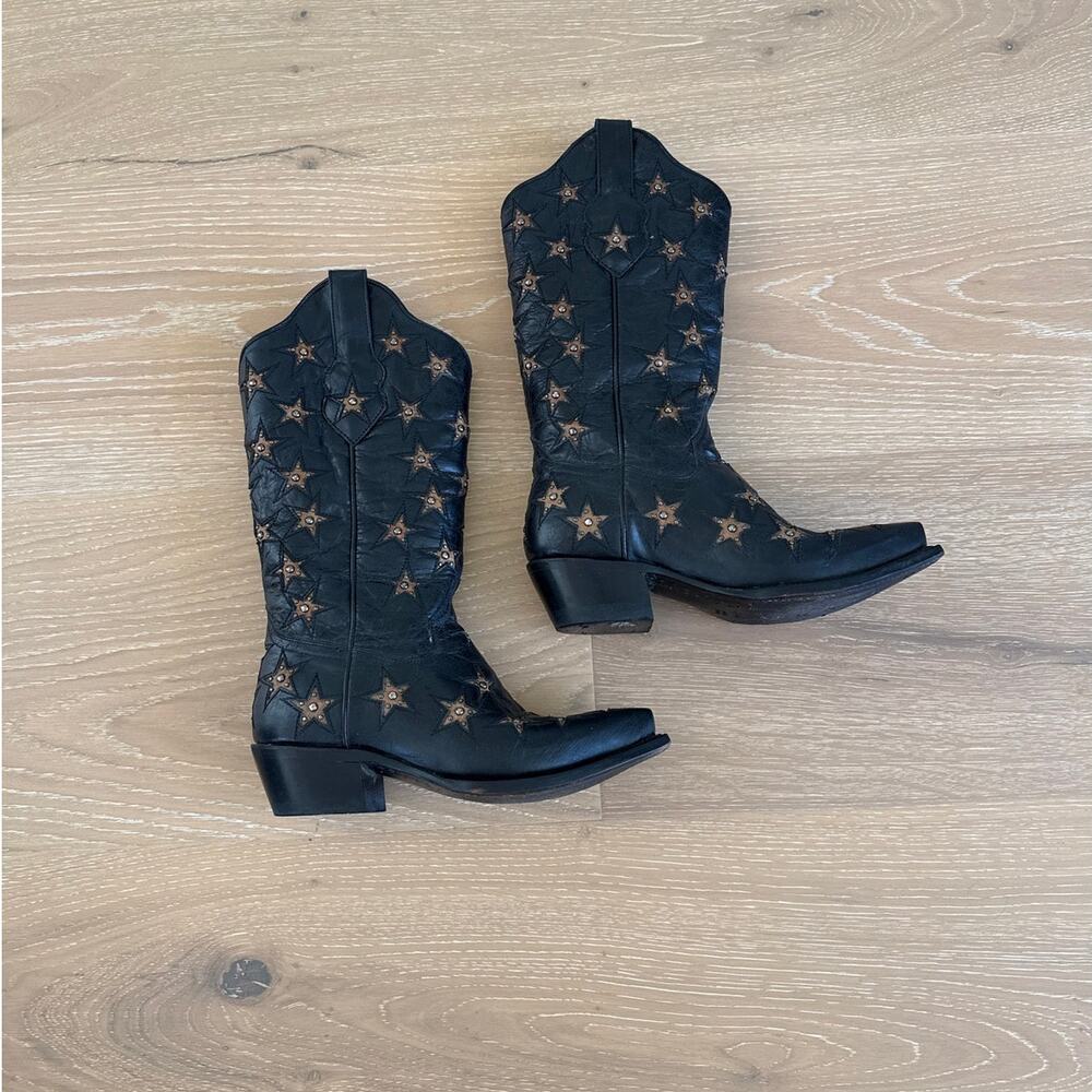Black Star Leather Western Boots Studded Marfa Size US 6 Black Gold